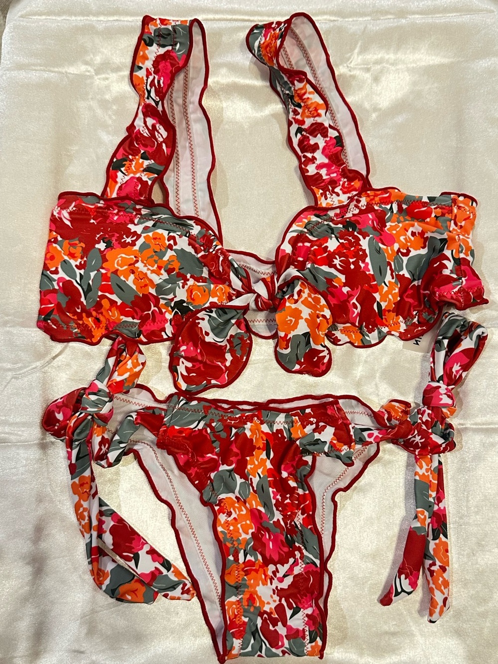 SHEIN Red Orange Floral Tie-Side Bikini